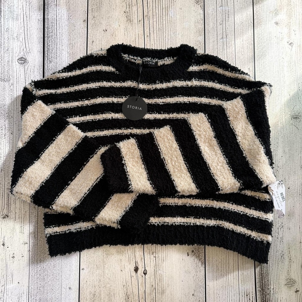 Storia Black Cream Striped Fuzzy Knit Pullover Sweater Small New